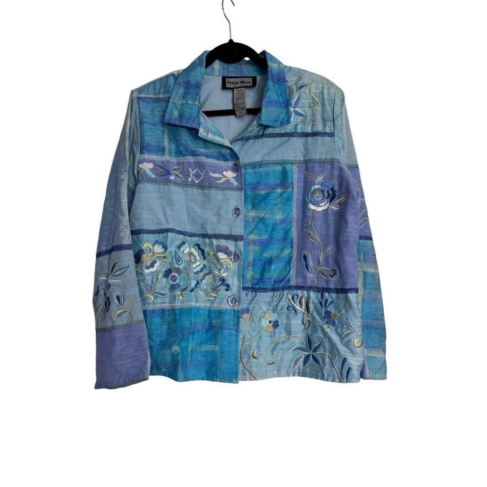 Indigo Moon Top Womens Size Large Blue Purple Embroidered Floral Shirt Jacket